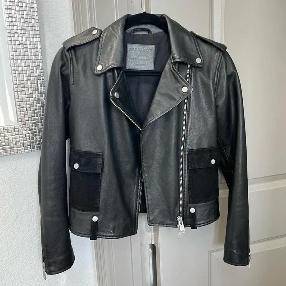 ALL SAINTS BLACK LEATHER JACKET SIZE 4 - Picture 3 of 6